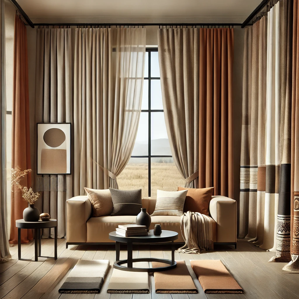 A contemporary interior showcasing various personalized curtain styles, featuring a mix of minimalist neutral tones and bold patterns. The room is modern and warm, with earthy colors like mocha, beige, and terracotta. Curtains are arranged in layers, highlighting individuality and design versatility in a sophisticated setting.