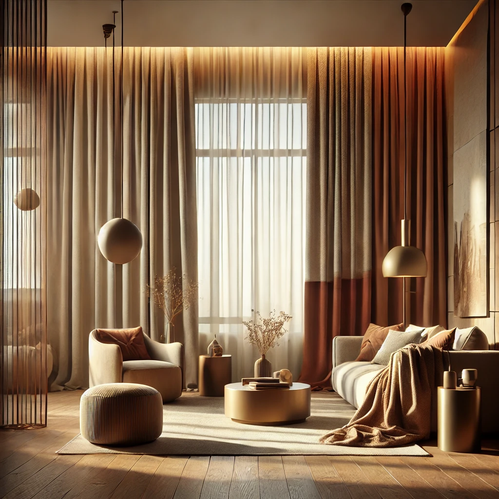 A warm and elegant interior featuring modern curtains and drapes that blend functionality with aesthetics. The curtains are made of natural materials, with earthy tones like mocha, beige, and terracotta. The setting highlights a harmonious and trendy living space for 2025, with soft lighting and minimalist decor.